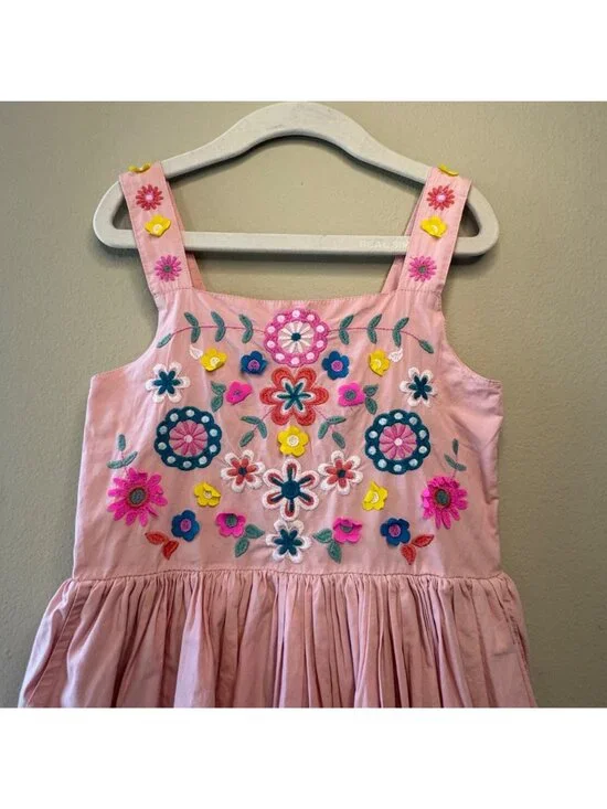 MINI BODEN Embroidered Sundress Girls 6-7 Pink Smocked Dress Flowers Applique - Picture 3 of 9